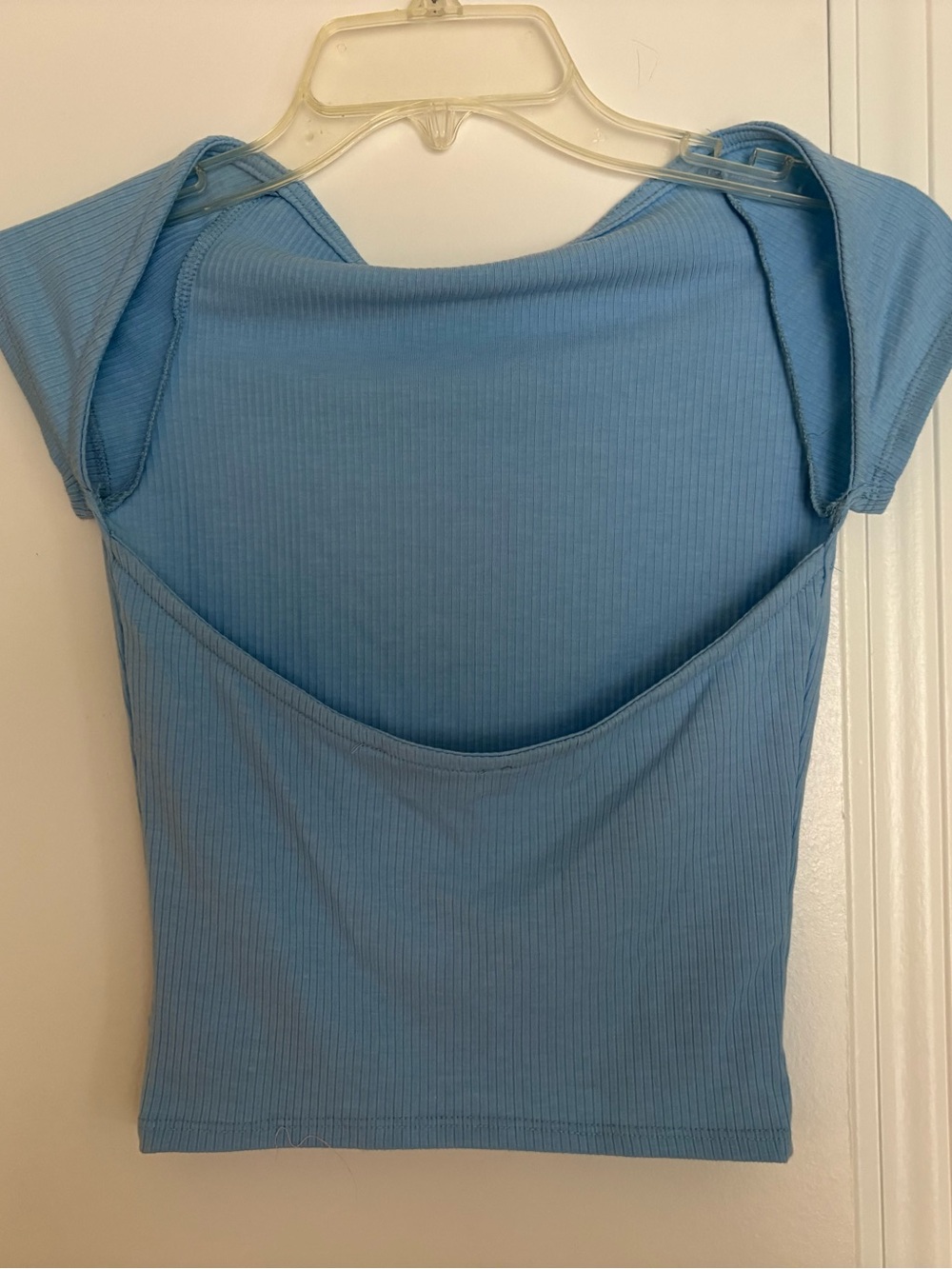 Blue Ribbed Short Sleeve Backless Top - Picture 2 of 3